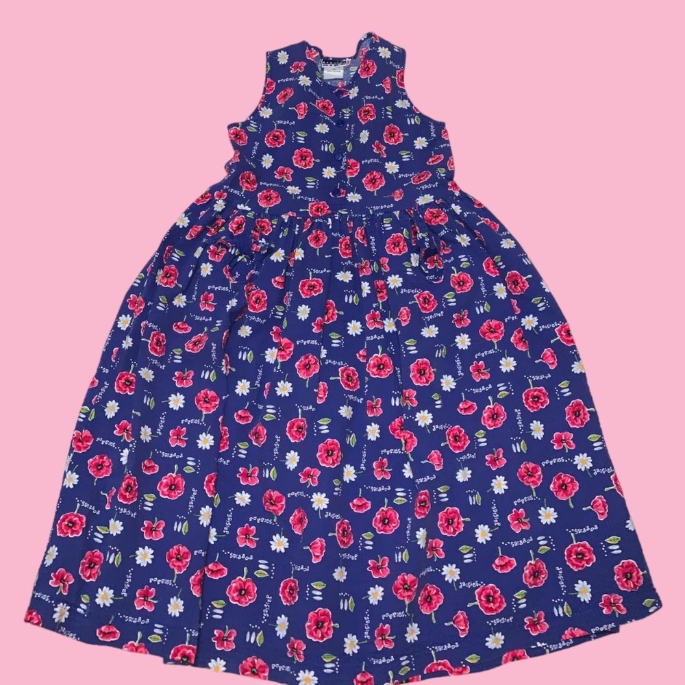 Vintage 80s GIRLS blue dress with poppies and daisy floral pattern.